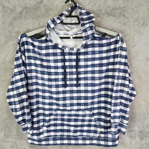 Womens Blue & White Checkered Hoodie Shirt Cold Shoulder Long Sleeve Size L - Picture 2 of 10